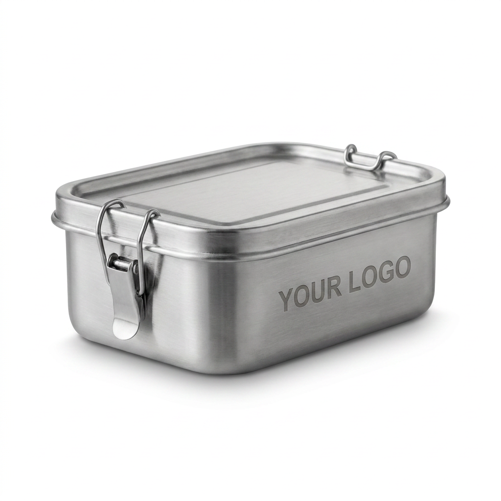 RVS lunchbox met eigen logo gegraveerd op witte achtergrond